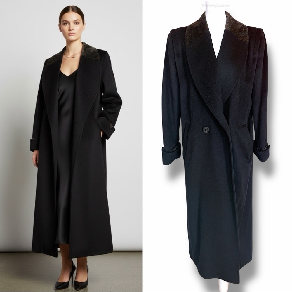 VTG DONNY BROOK Black Wool Maxi Coat Paisley Shawl Collar Cuff Large.